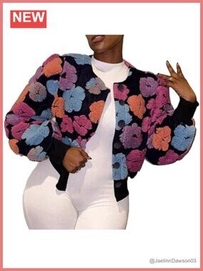 Cropped Fleece Bomber Jacket Floral Print Sherpa Coat Button Down